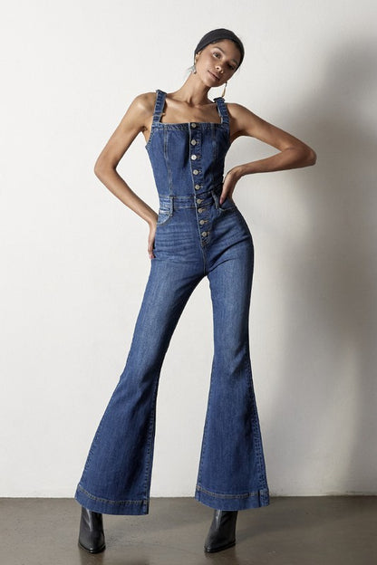 Charlene Retro Flare Denim Overall Jumpsuit