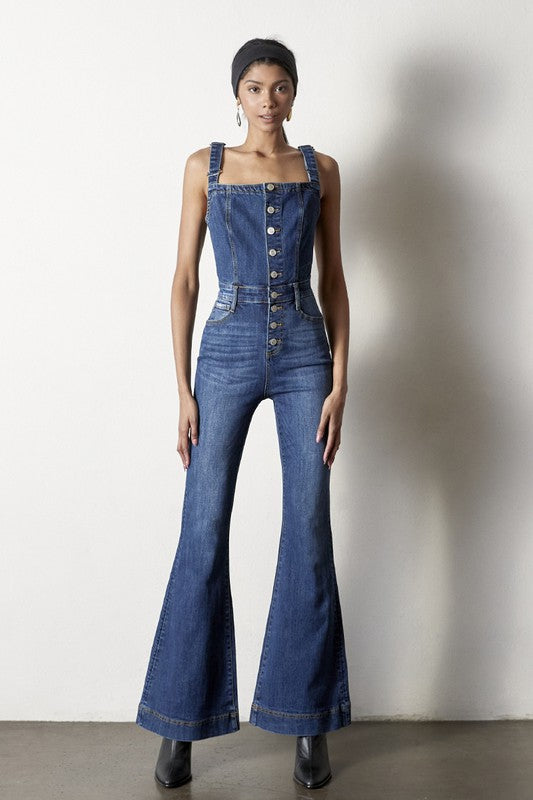 Charlene Retro Flare Denim Overall Jumpsuit