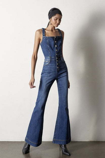 Charlene Retro Flare Denim Overall Jumpsuit