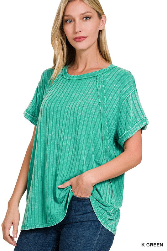Zenana Acid Wash Ribbed Raglan Dolman Sleeve Boat-Neck Top