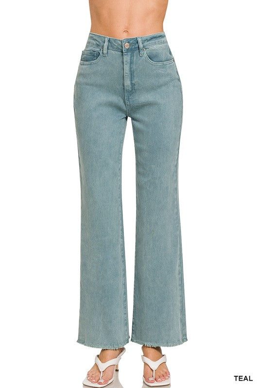 Zenana Acid Washed Frayed Hem Straight Jeans