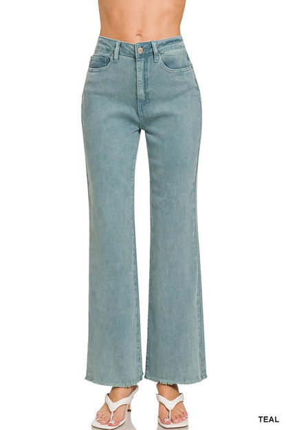 Zenana Acid Washed Frayed Hem Straight Jeans