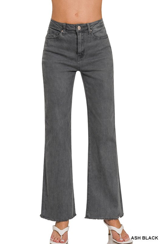 Zenana Acid Washed Frayed Hem Straight Jeans