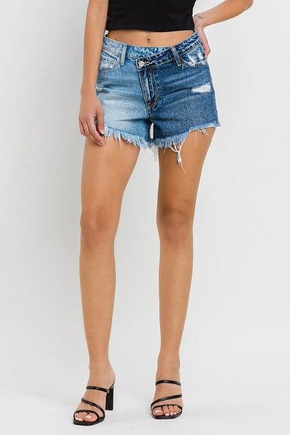 Vikki High Rise Two Tone Distressed Denim Shorts