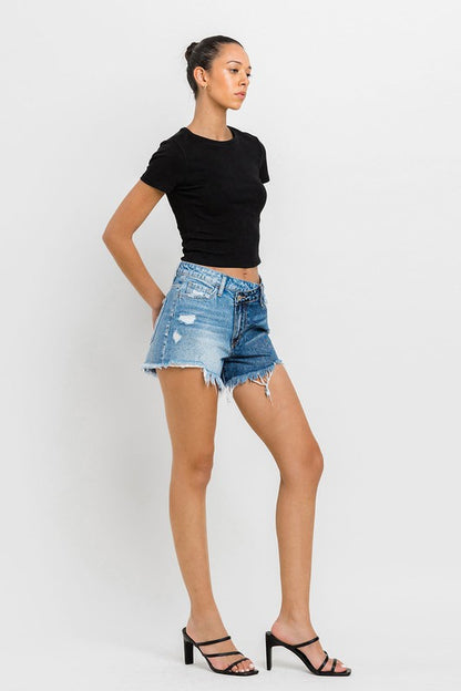 Vikki High Rise Two Tone Distressed Denim Shorts