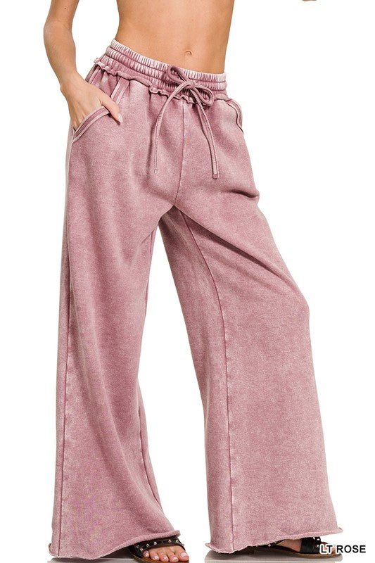 Zenana Acid Wash Fleece Palazzo Sweatpants with Pockets