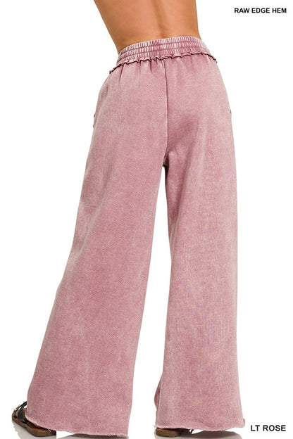 Zenana Acid Wash Fleece Palazzo Sweatpants with Pockets