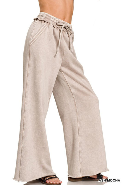 Zenana Acid Wash Fleece Palazzo Sweatpants with Pockets