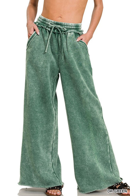 Zenana Acid Wash Fleece Palazzo Sweatpants with Pockets