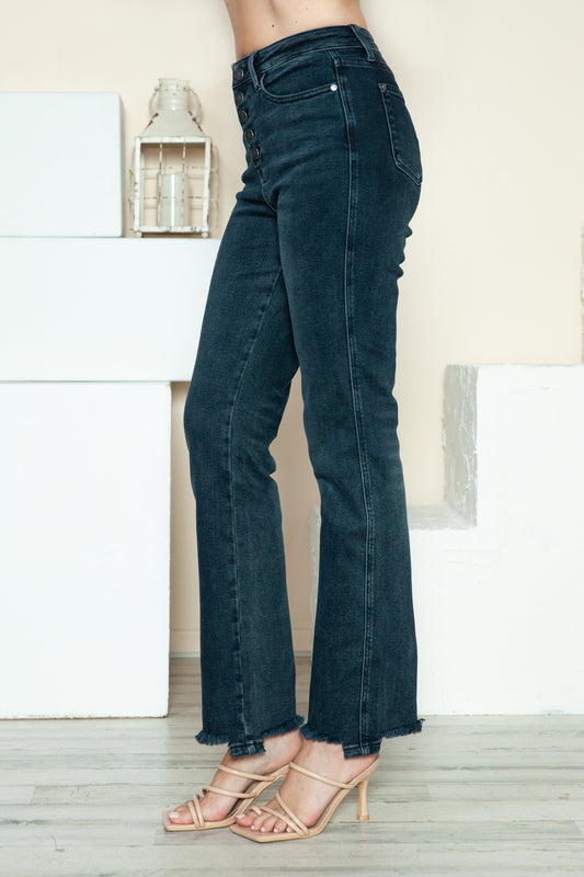 Preston High Rise Button Fly Straight Leg Frayed Hem Jeans