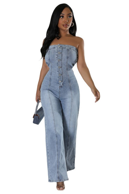 Shelby Strapless Button Up Straight Leg Denim Jumpsuit