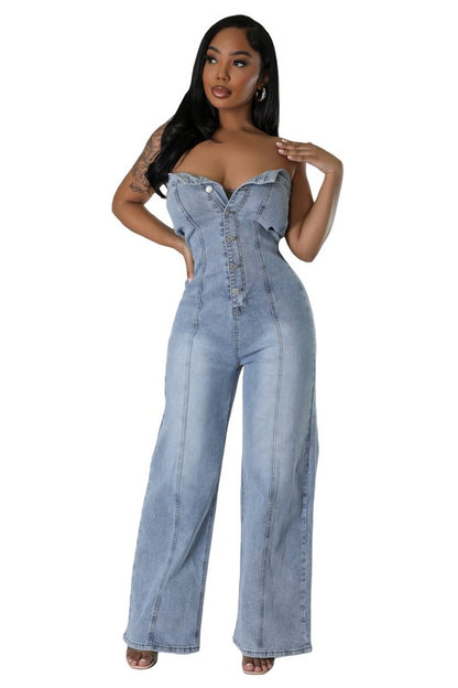 Shelby Strapless Button Up Straight Leg Denim Jumpsuit