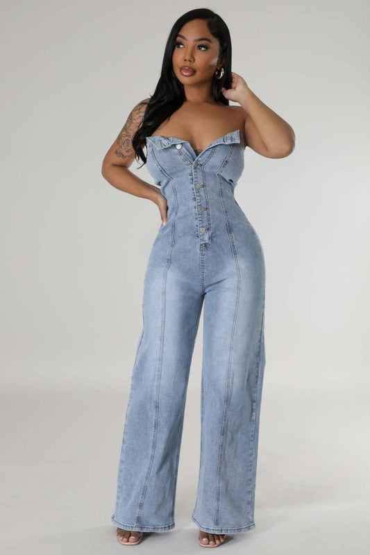 Shelby Strapless Button Up Straight Leg Denim Jumpsuit