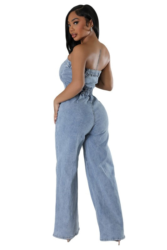 Shelby Strapless Button Up Straight Leg Denim Jumpsuit