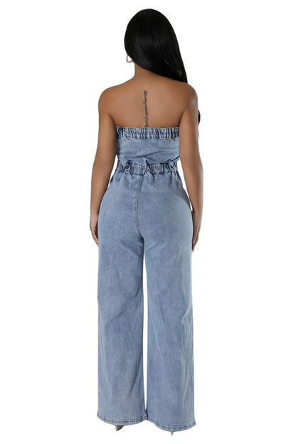 Shelby Strapless Button Up Straight Leg Denim Jumpsuit