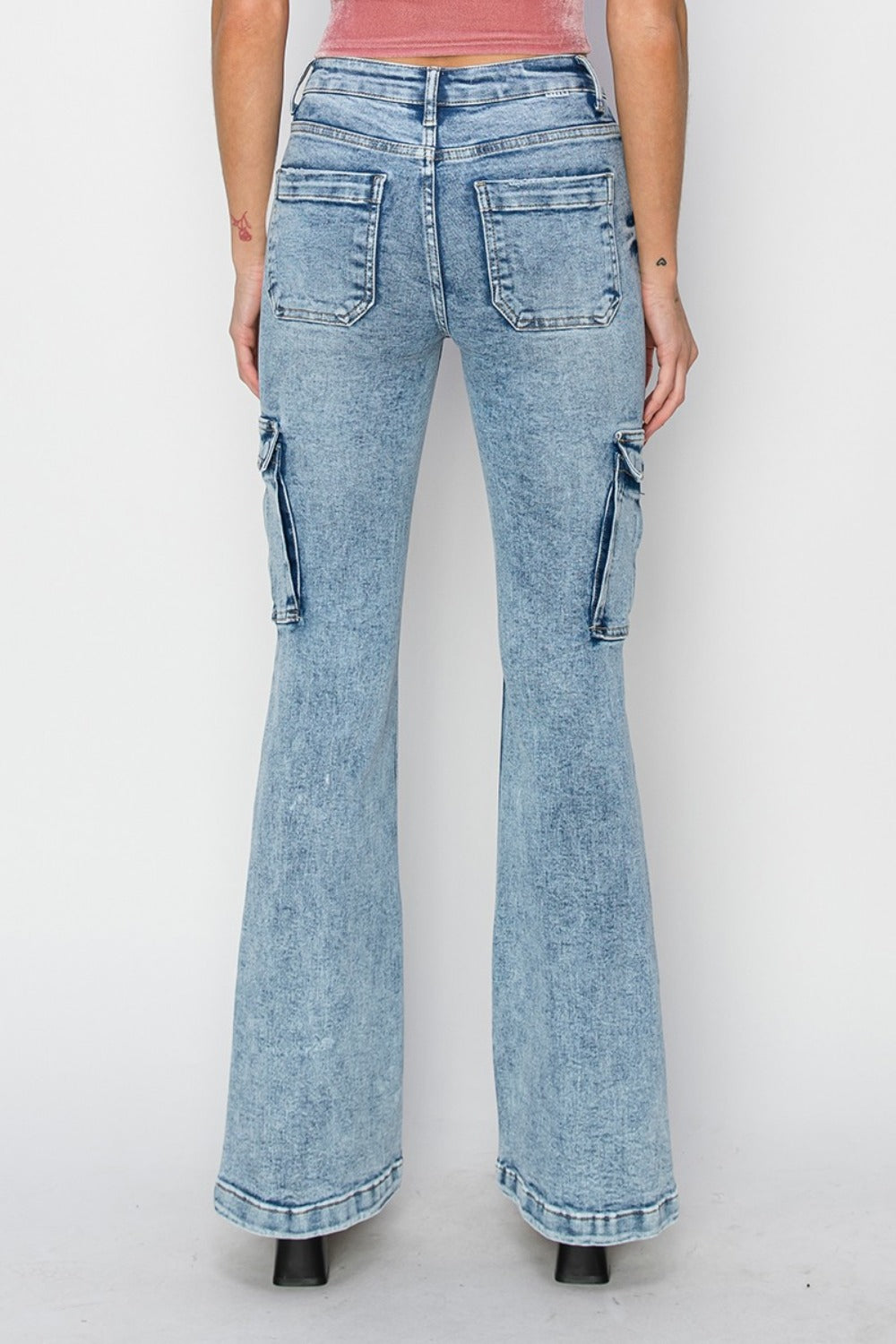 Leah High Rise Acid Wash Cargo Flare Jeans