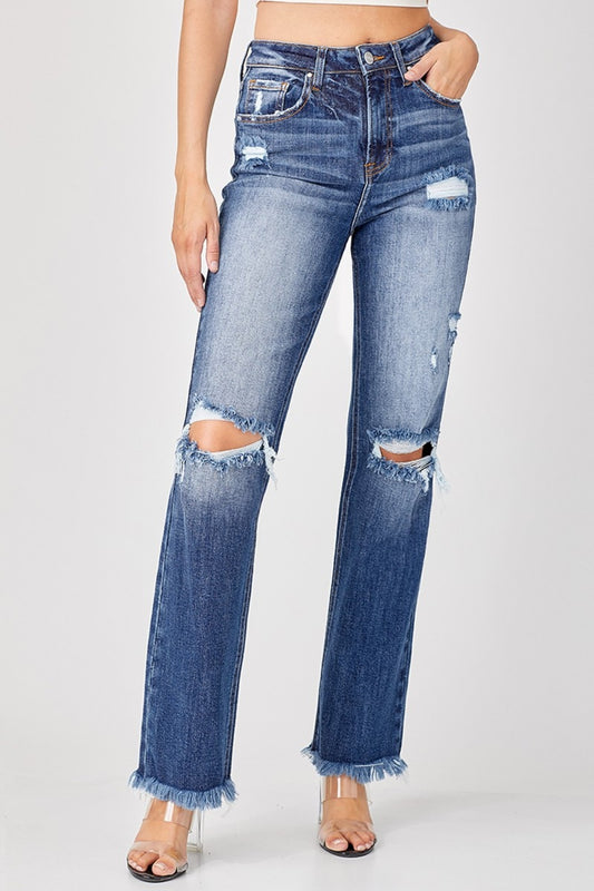 Cecilia High Rise Raw Hem Distressed Straight Jeans