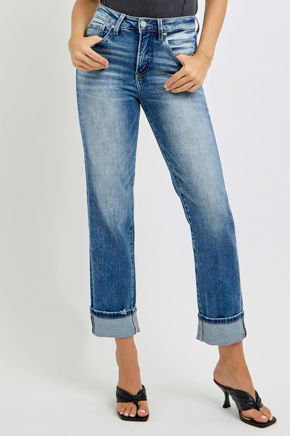 Sable High Rise Crop Straight Rolled Hem Jeans