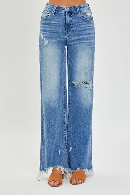 Victoria High Rise Frayed Hem Wide Leg Jeans