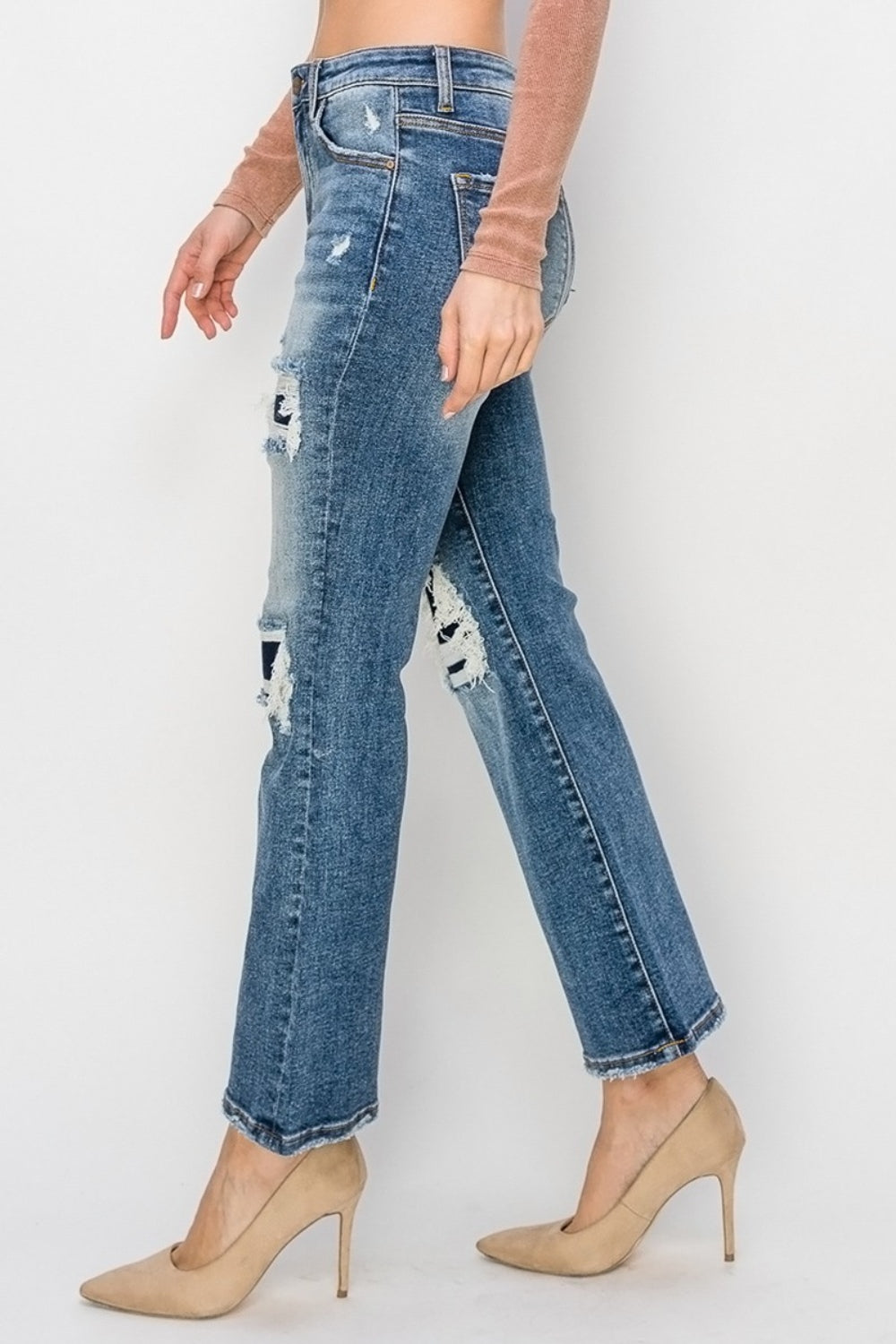 Krista High Rise Distressed Contrast Patch Kick Flare Jeans