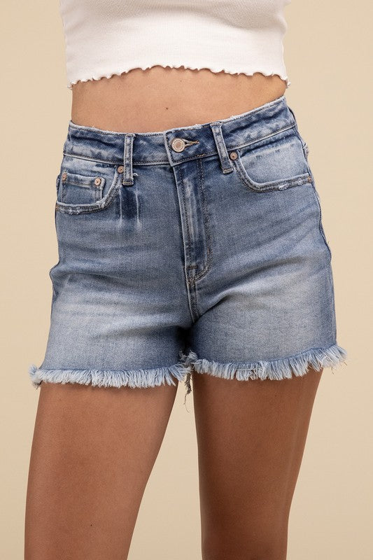 Zenana High Rise Raw Frayed Hem Denim Shorts