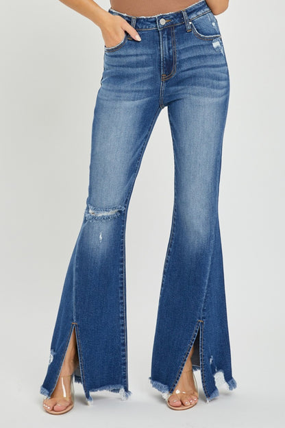 Matty High Rise Front Slit Frayed Hem Flare Jeans