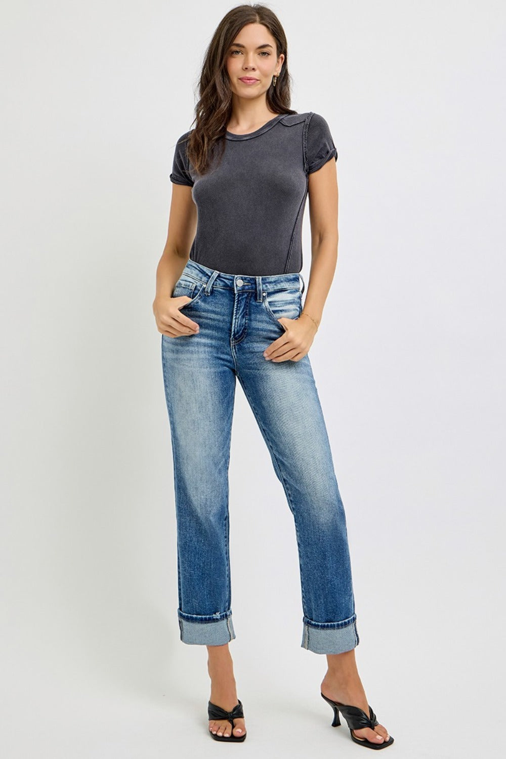 Sable High Rise Crop Straight Rolled Hem Jeans