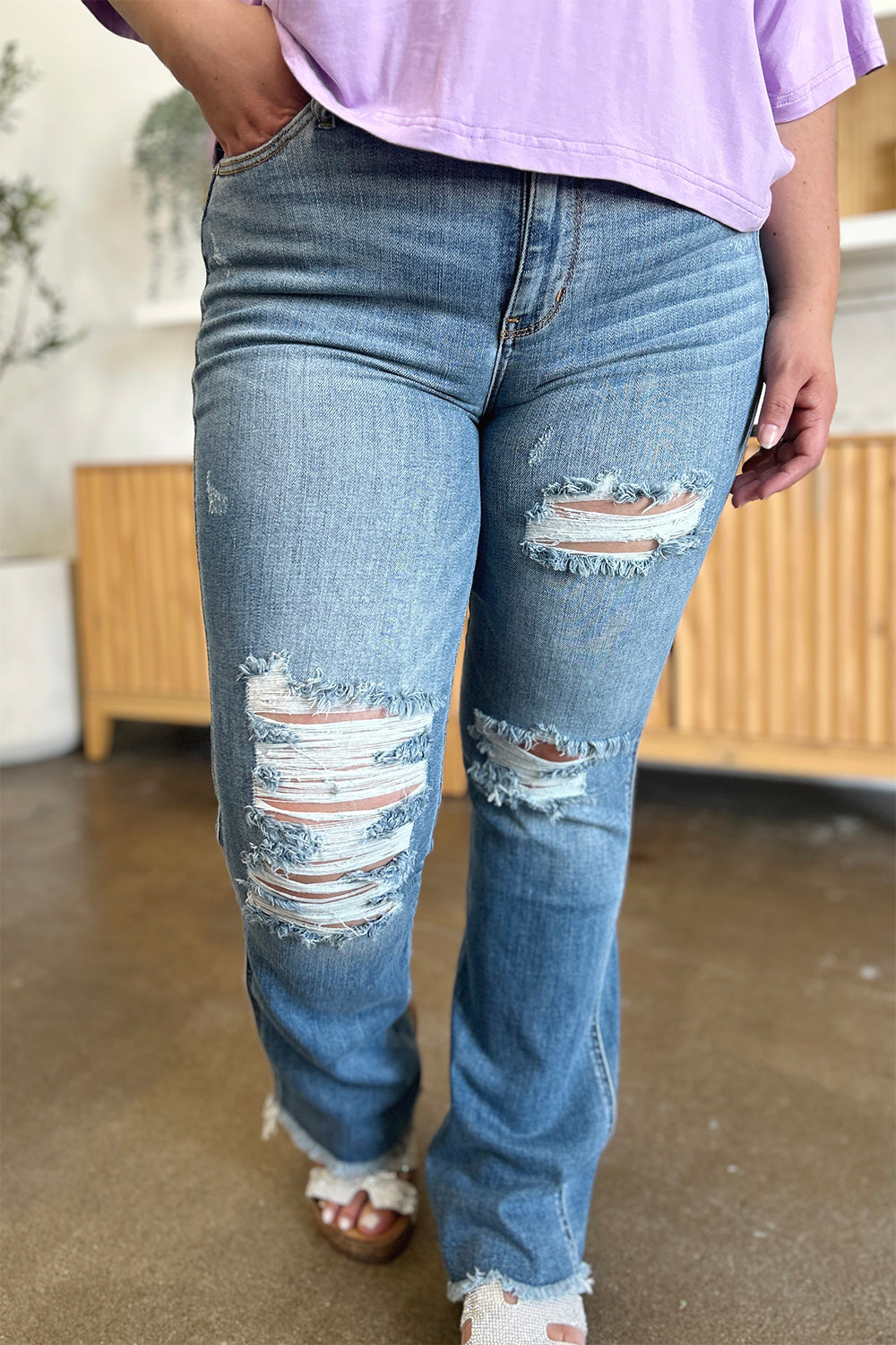 Brynn High Rise Frayed Hem Bootcut Jeans