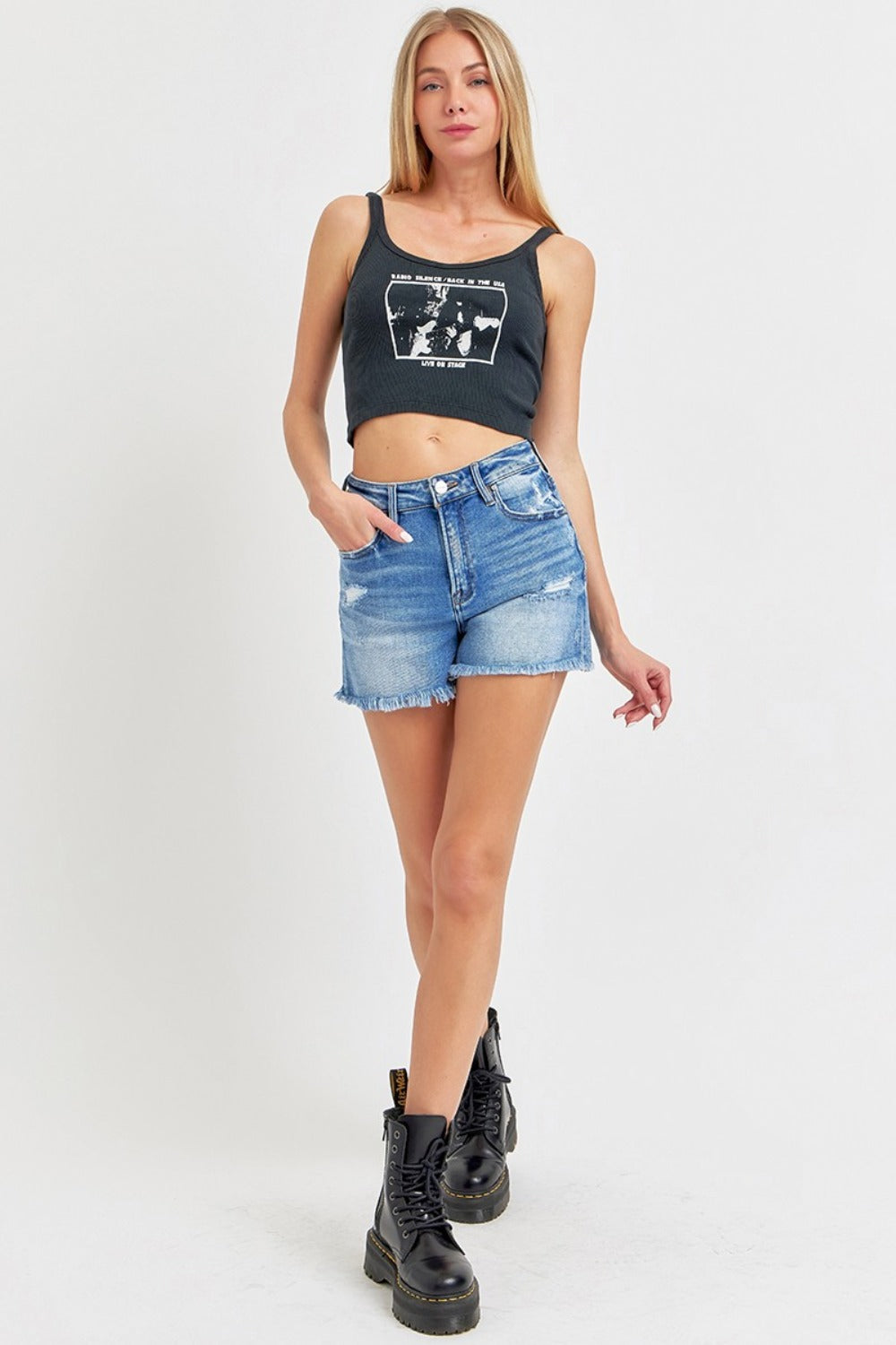 Lenny High Rise Distressed Raw Hem Denim Shorts