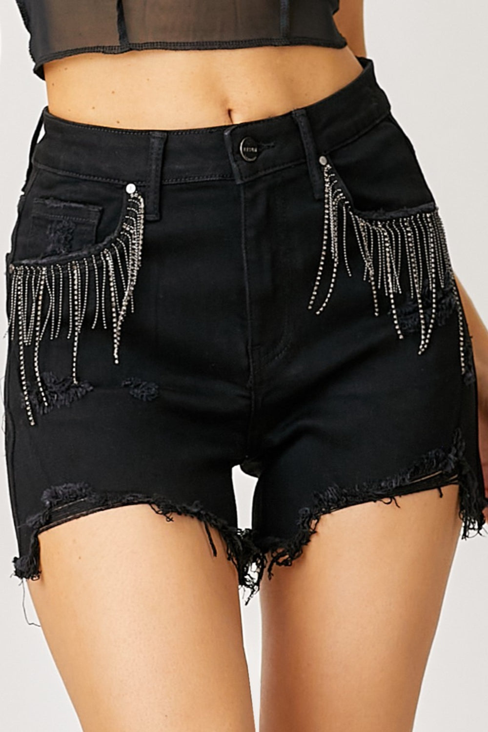 Carlee Frayed Hem Rhinestone Fringe Denim Shorts