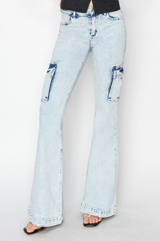 Tabbi Mid Rise Acid Wash Cargo Flare Jeans