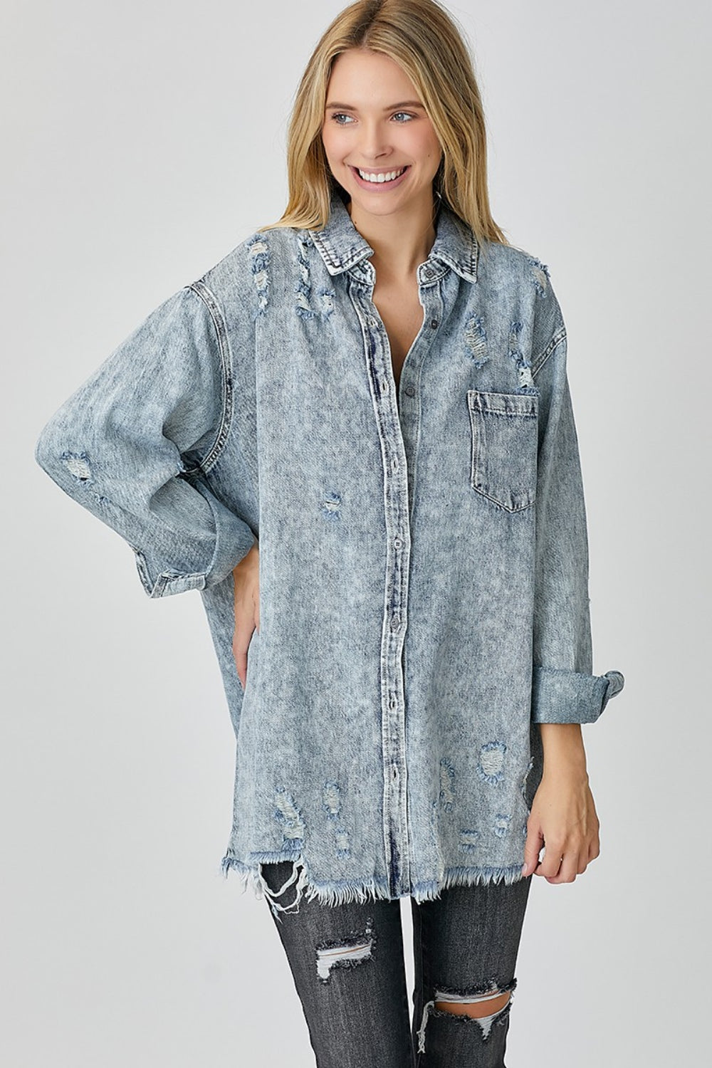 Kaleigh Distressed Raw Hem Denim Shirt