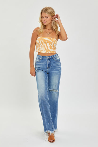 Victoria High Rise Frayed Hem Wide Leg Jeans