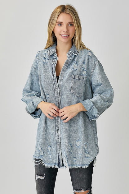 Kaleigh Distressed Raw Hem Denim Shirt