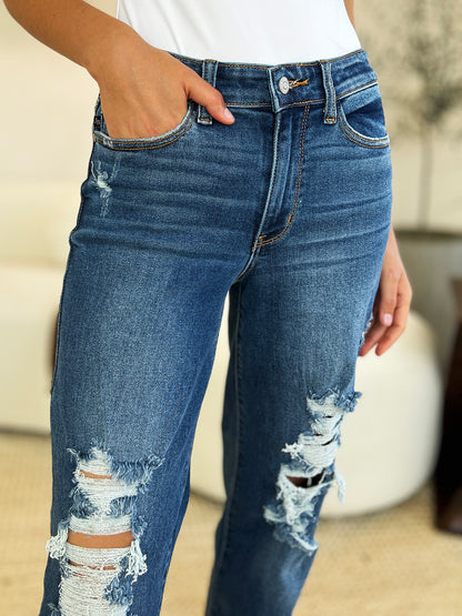 Loree Mid Rise Raw Hem Distressed Straight Leg Jeans