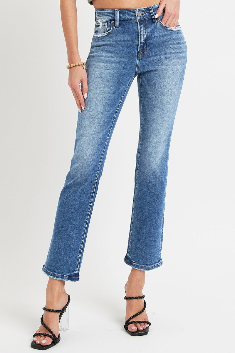 Emma Mid Rise Distressed Ankle Straight Jeans