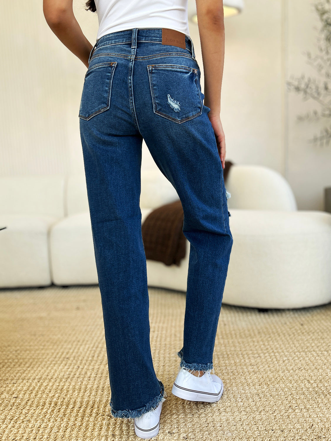 Loree Mid Rise Raw Hem Distressed Straight Leg Jeans