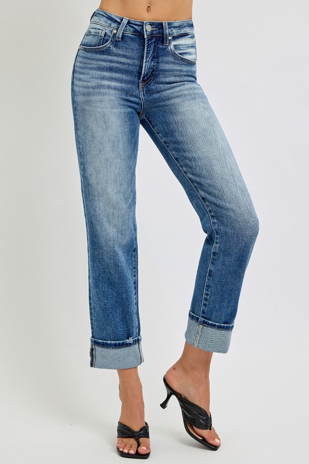 Sable High Rise Crop Straight Rolled Hem Jeans