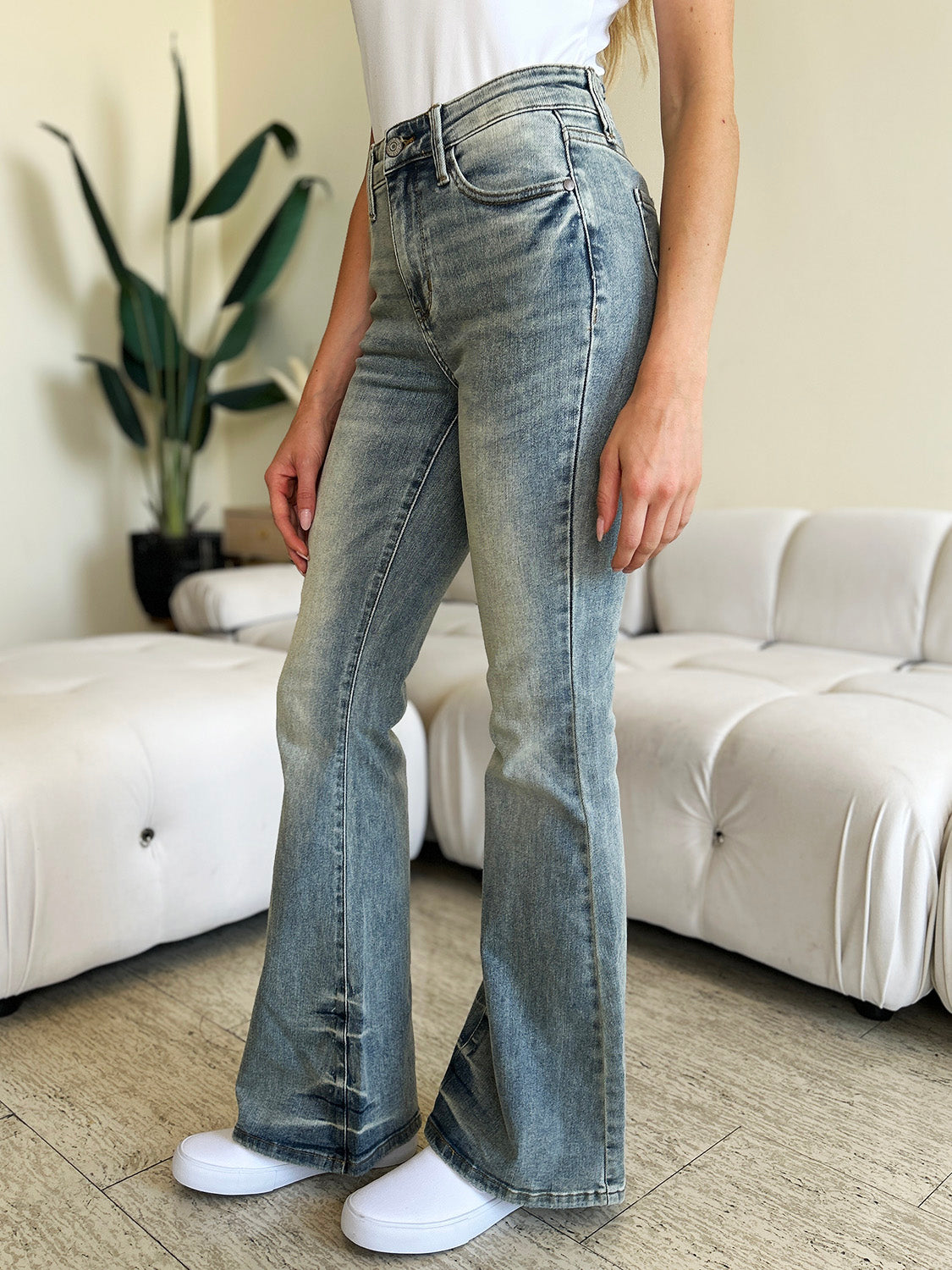 Janey Mid Rise Contrast Wash Flare Jeans