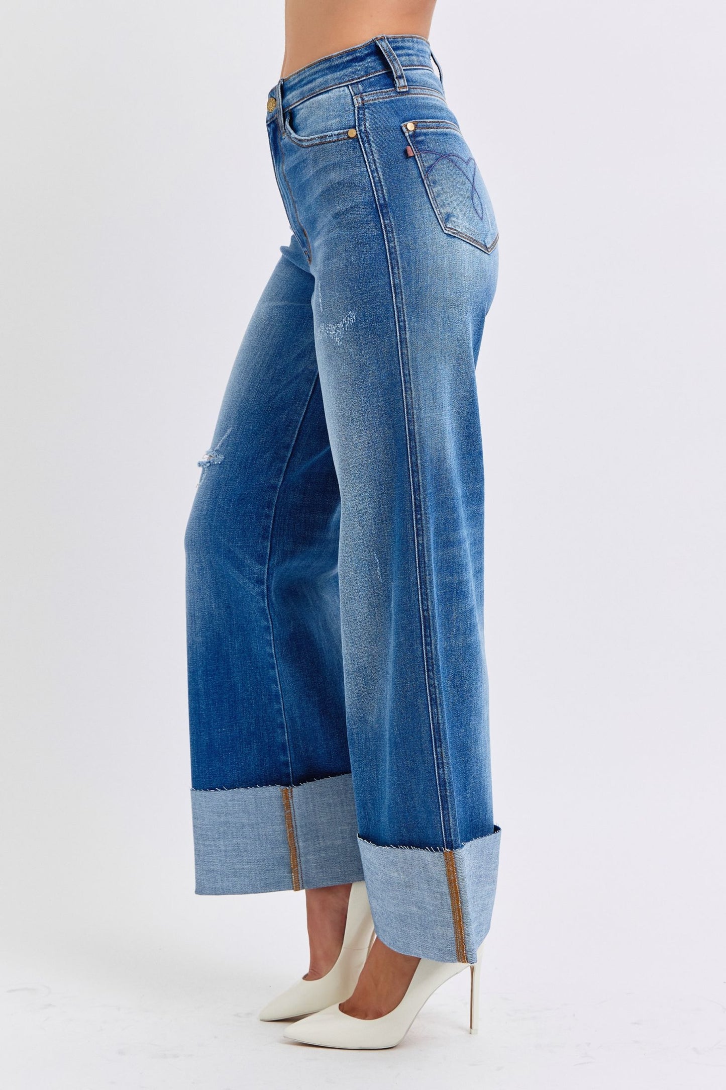 Desi High Rise Distressed Retro Wide Leg Jeans