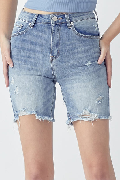 Janie High Rise Mid-Length Distressed Denim Shorts