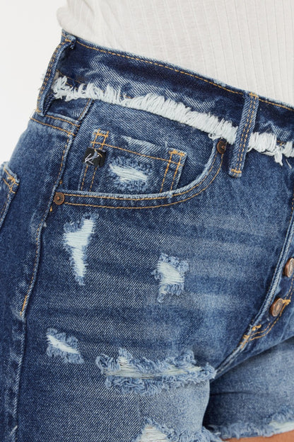 Lynn High Rise Button Fly  Distressed  Denim Shorts