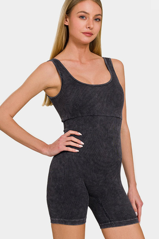 Zenana Washed Ribbed Romper with Bra Pads