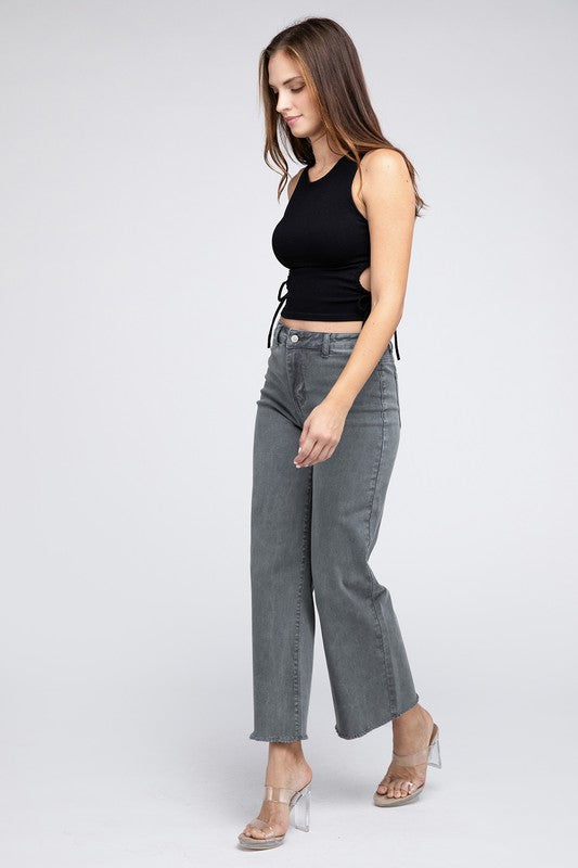 Zenana Acid Wash High Rise Frayed Hem Wide Leg Jeans