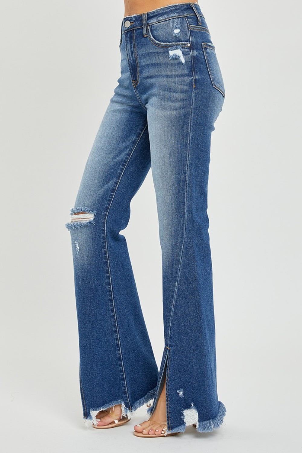 Matty High Rise Front Slit Frayed Hem Flare Jeans