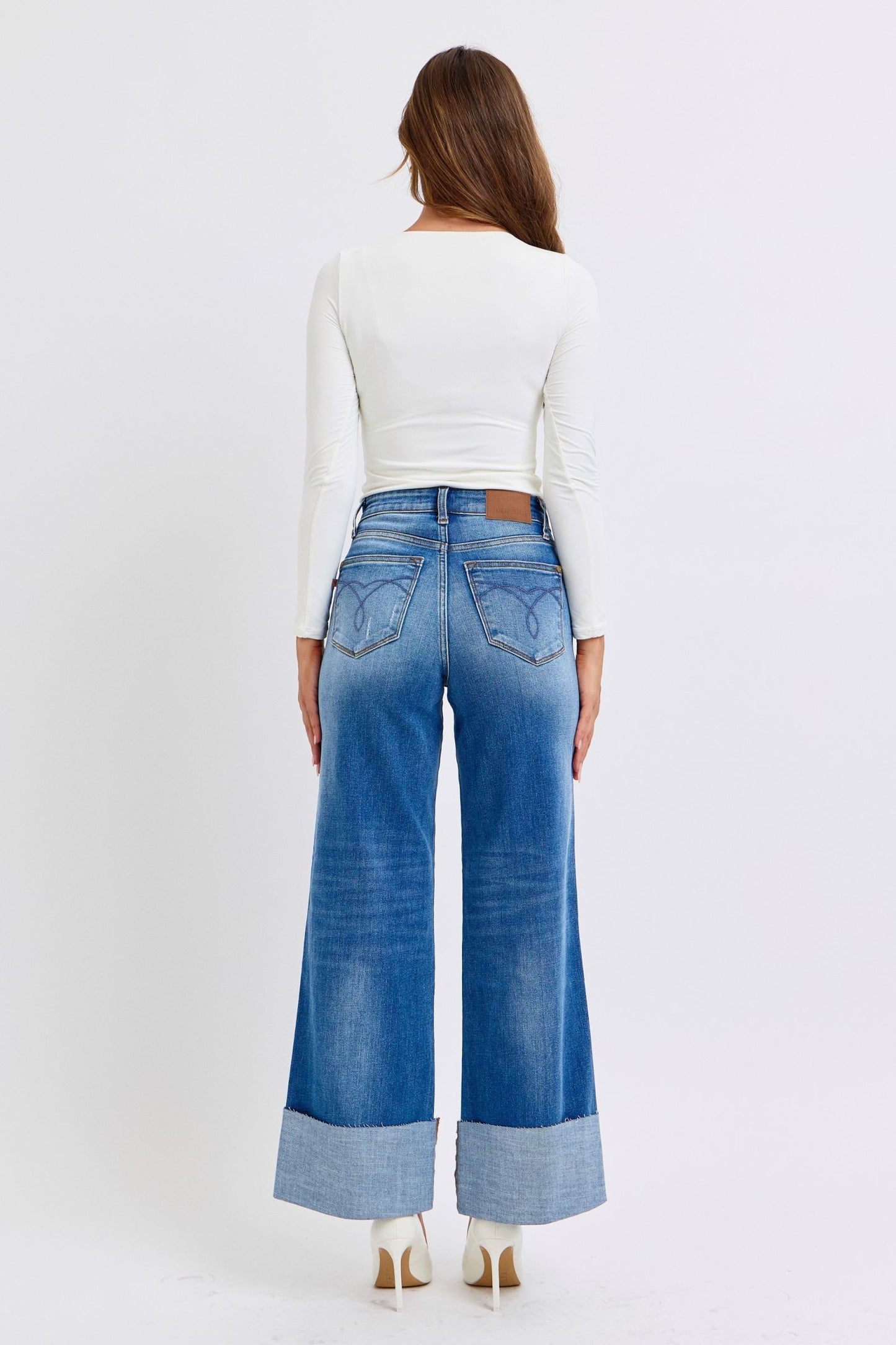 Desi High Rise Distressed Retro Wide Leg Jeans