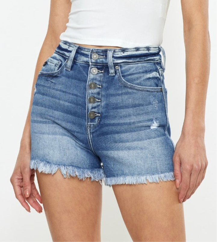 Wren Button Fly High Rise Raw Hem Denim Shorts