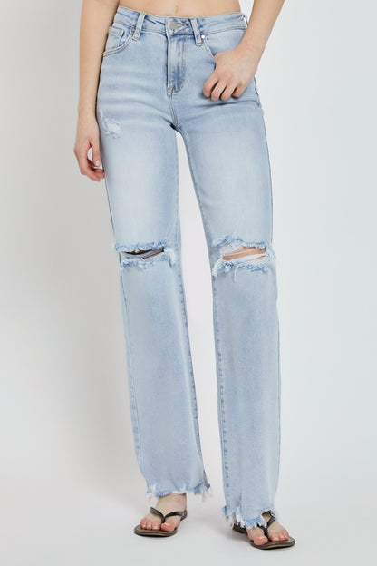 Marty High Rise Distressed Chewed Hem Wide Leg Jeans