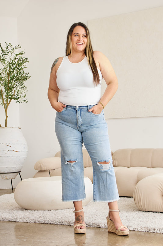 Caiti Tummy Control High Waist Raw Hem Distressed Jeans