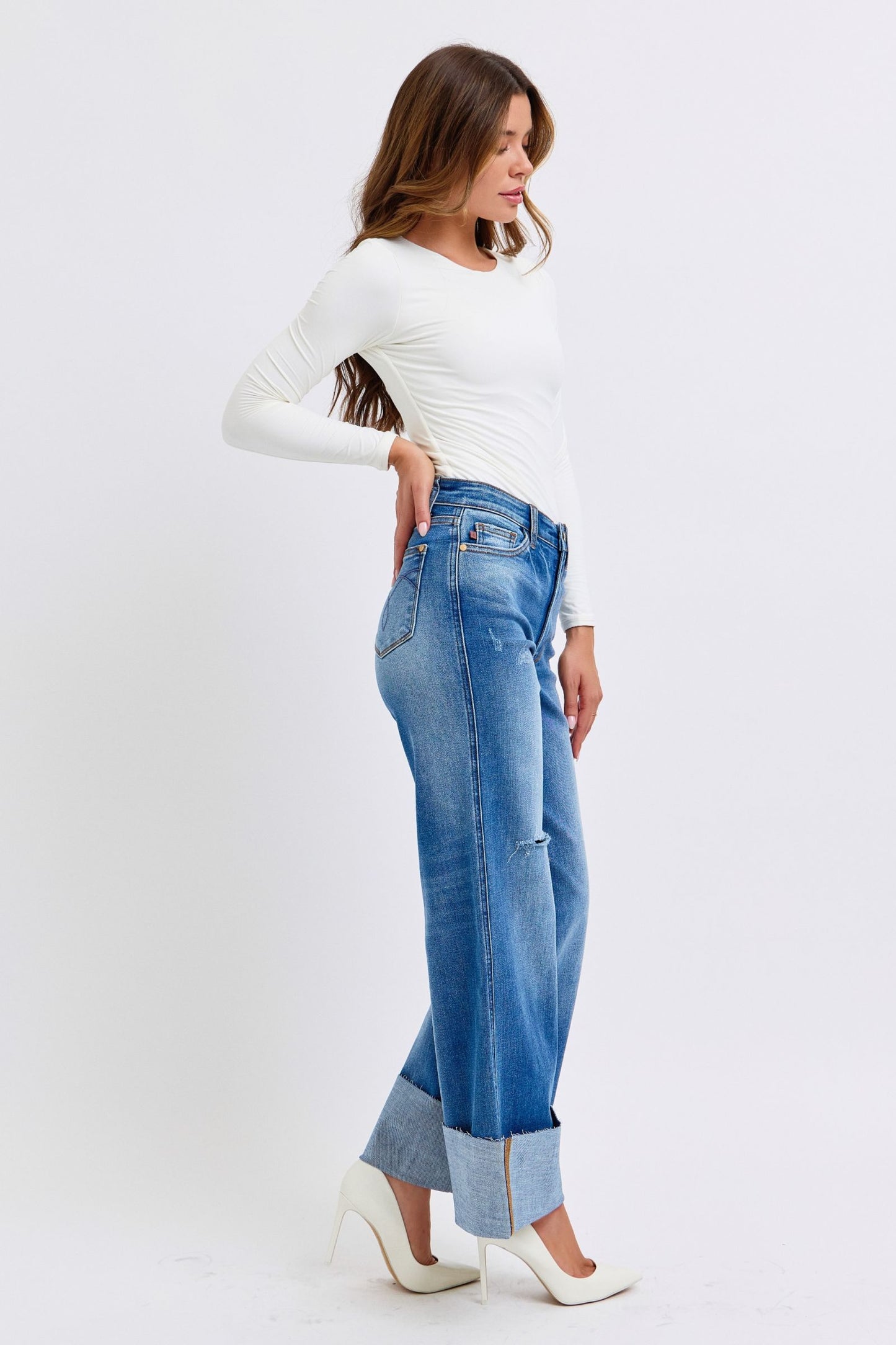Desi High Rise Distressed Retro Wide Leg Jeans
